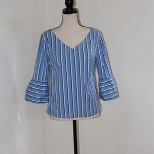 White House Black Market, stripped 3/4 Bell sleeves V neckline shirt